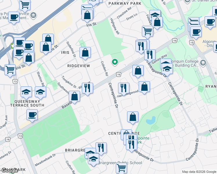map of restaurants, bars, coffee shops, grocery stores, and more near 33 Castlethorpe Crescent in Ottawa
