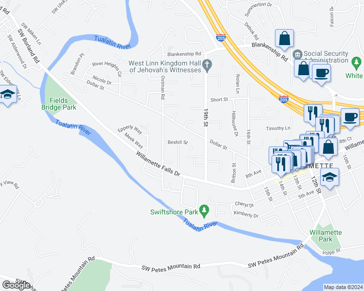 map of restaurants, bars, coffee shops, grocery stores, and more near 1203 Bexhill Street in West Linn