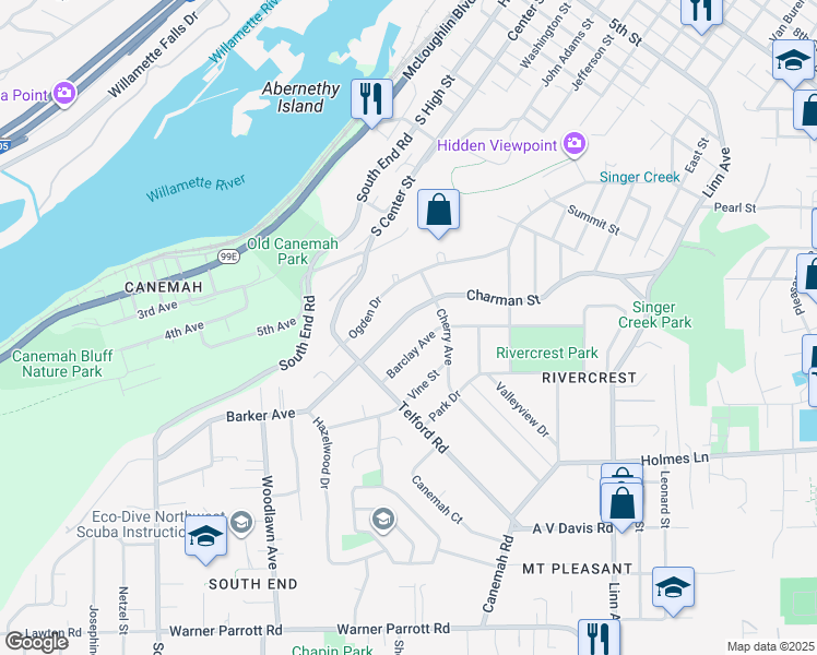 map of restaurants, bars, coffee shops, grocery stores, and more near 441 Barclay Avenue in Oregon City