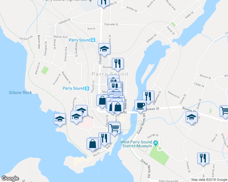 map of restaurants, bars, coffee shops, grocery stores, and more near 29 Mary Street in Parry Sound
