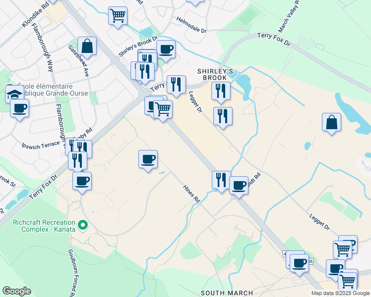 map of restaurants, bars, coffee shops, grocery stores, and more near 505 March Road in Ottawa