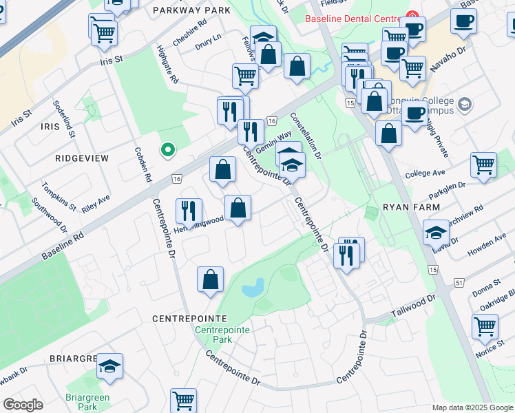 map of restaurants, bars, coffee shops, grocery stores, and more near 55 Hemmingwood Way in Ottawa