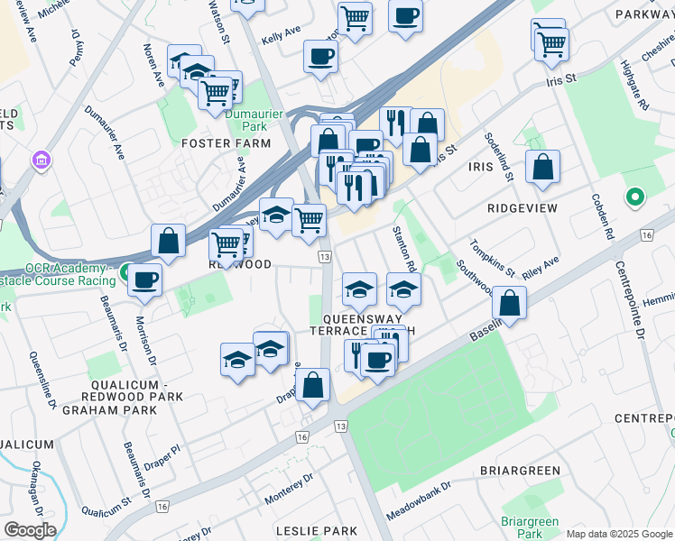 map of restaurants, bars, coffee shops, grocery stores, and more near 1146 Stanton Road in Ottawa
