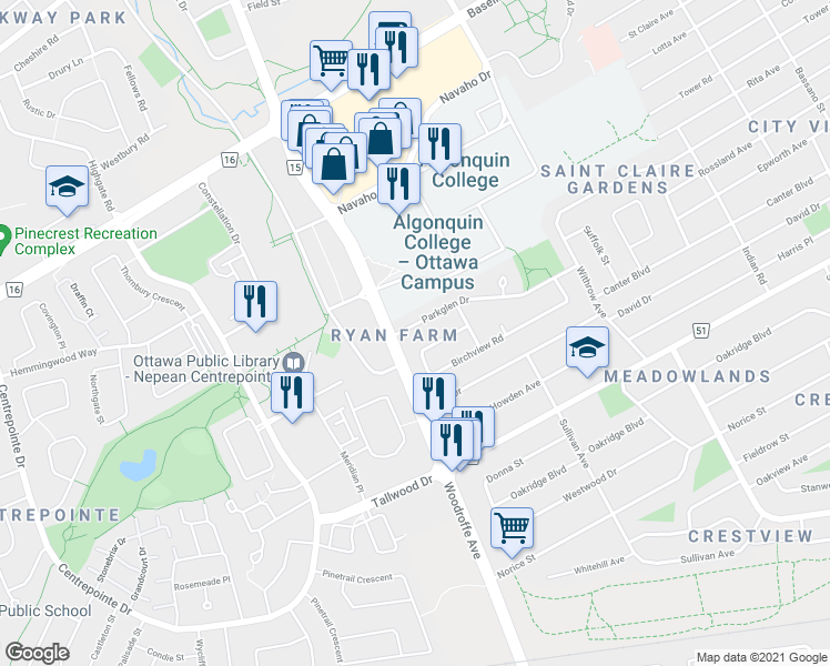 map of restaurants, bars, coffee shops, grocery stores, and more near 46 Parkglen Drive in Ottawa