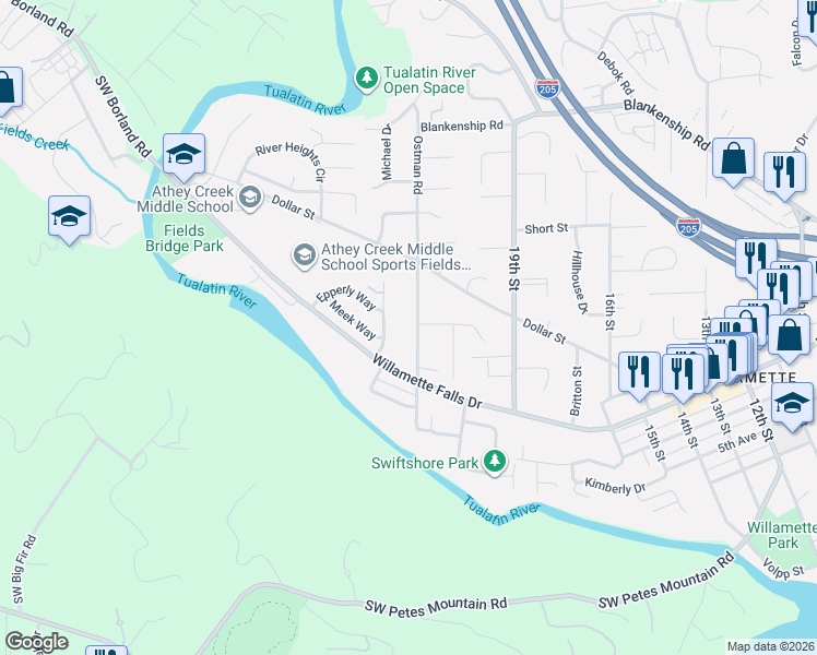 map of restaurants, bars, coffee shops, grocery stores, and more near 1790 Ostman Road in West Linn
