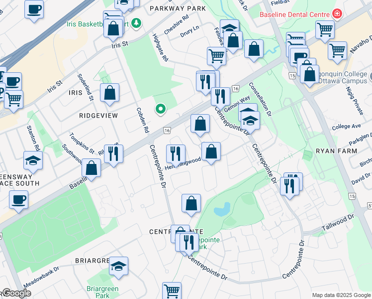 map of restaurants, bars, coffee shops, grocery stores, and more near Covington Place in Ottawa