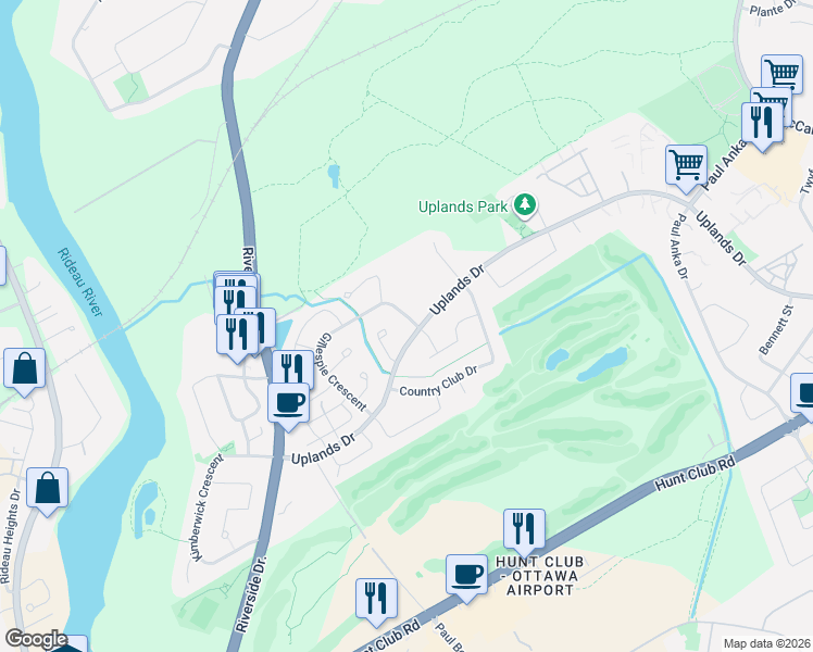 map of restaurants, bars, coffee shops, grocery stores, and more near 6 Gillespie Crescent in Ottawa