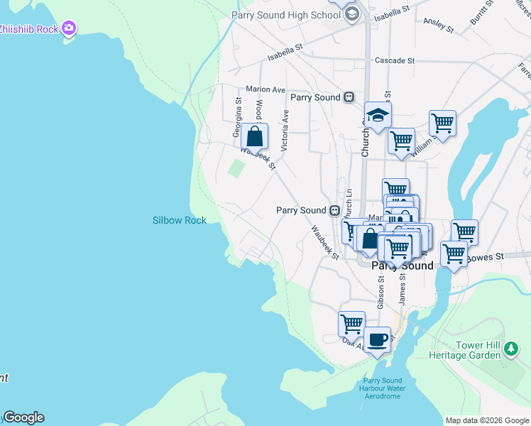 map of restaurants, bars, coffee shops, grocery stores, and more near 4 Prospect Street in Parry Sound