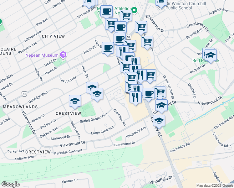 map of restaurants, bars, coffee shops, grocery stores, and more near in Ottawa