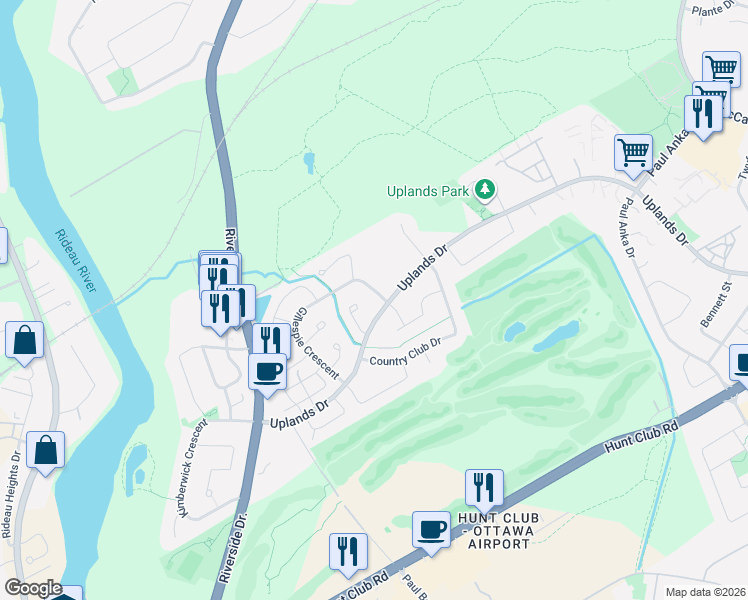 map of restaurants, bars, coffee shops, grocery stores, and more near 8 Gillespie Crescent in Ottawa