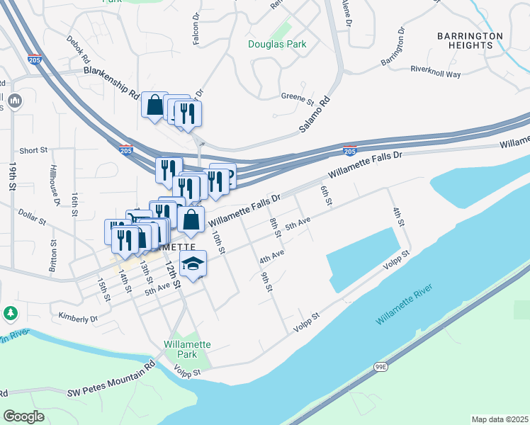map of restaurants, bars, coffee shops, grocery stores, and more near 2331 Willamette Falls Drive in West Linn