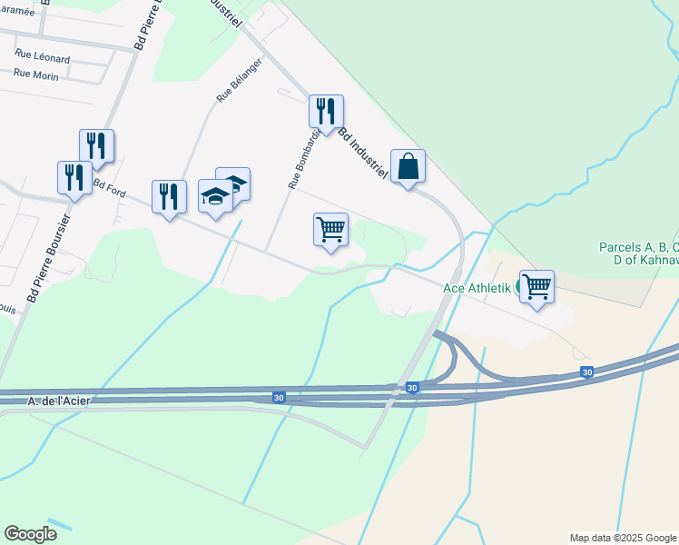 map of restaurants, bars, coffee shops, grocery stores, and more near Boulevard Ford in Châteauguay