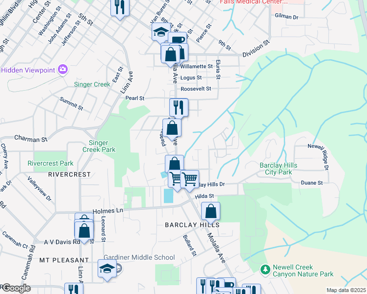 map of restaurants, bars, coffee shops, grocery stores, and more near 615 Molalla Avenue in Oregon City