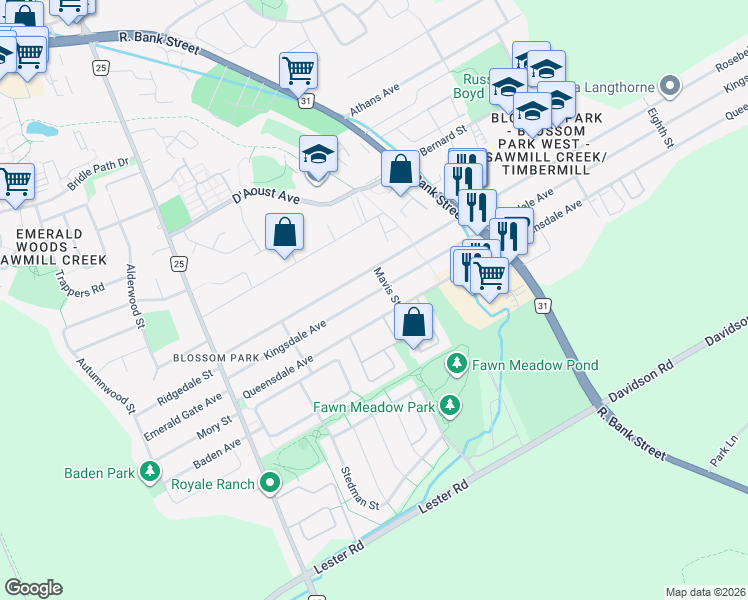 map of restaurants, bars, coffee shops, grocery stores, and more near 1564 Kingsdale Avenue in Ottawa