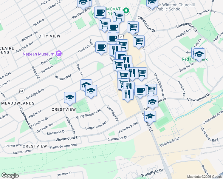 map of restaurants, bars, coffee shops, grocery stores, and more near 392 Garden Glen Private in Ottawa