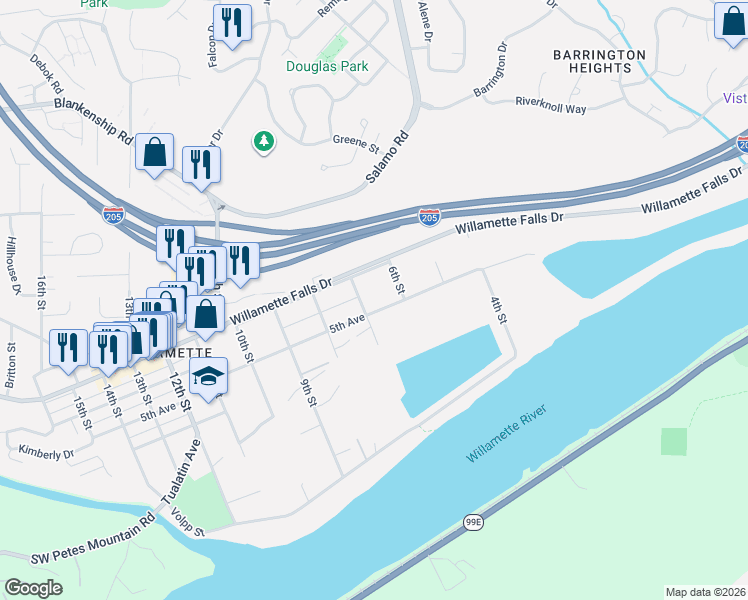 map of restaurants, bars, coffee shops, grocery stores, and more near 1566 6th Street in West Linn