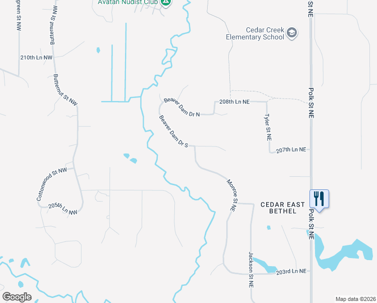 map of restaurants, bars, coffee shops, grocery stores, and more near 557 Beaver Dam Drive South in East Bethel