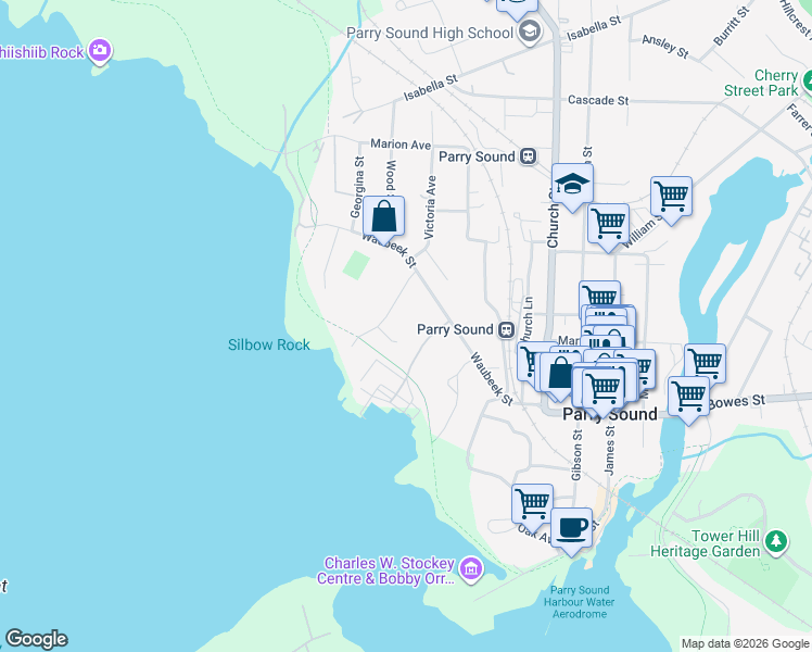 map of restaurants, bars, coffee shops, grocery stores, and more near 1 Georgian Bay Avenue in Parry Sound