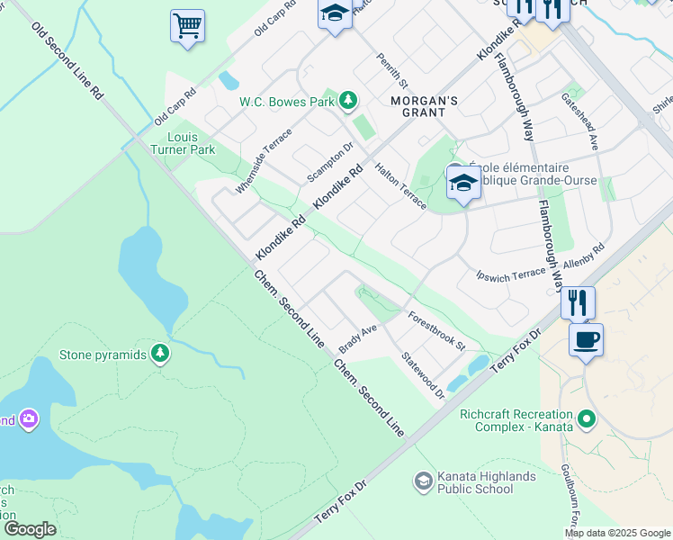 map of restaurants, bars, coffee shops, grocery stores, and more near 134 Forestbrook Street in Ottawa