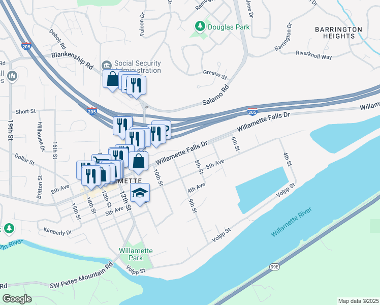 map of restaurants, bars, coffee shops, grocery stores, and more near 2331 Willamette Falls Drive in West Linn