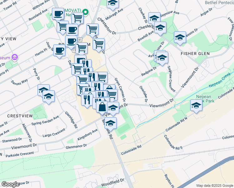 map of restaurants, bars, coffee shops, grocery stores, and more near in Ottawa