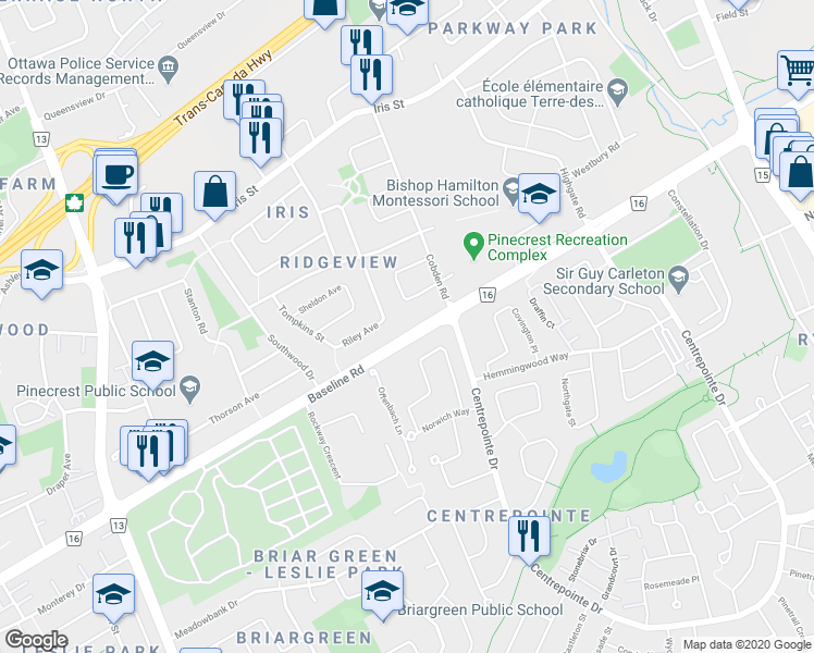 map of restaurants, bars, coffee shops, grocery stores, and more near 1291 Placid Street in Ottawa
