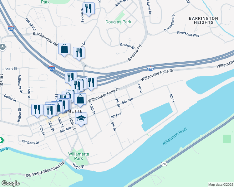 map of restaurants, bars, coffee shops, grocery stores, and more near 2331 Willamette Falls Drive in West Linn