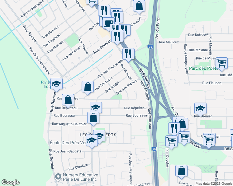 map of restaurants, bars, coffee shops, grocery stores, and more near 57 Rue des Plaines in Saint-Jean-sur-Richelieu