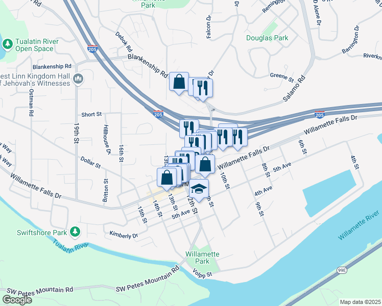 map of restaurants, bars, coffee shops, grocery stores, and more near 2000 8th Ave in West Linn