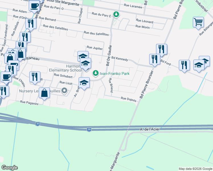 map of restaurants, bars, coffee shops, grocery stores, and more near 300 Rue Desmarais in Châteauguay