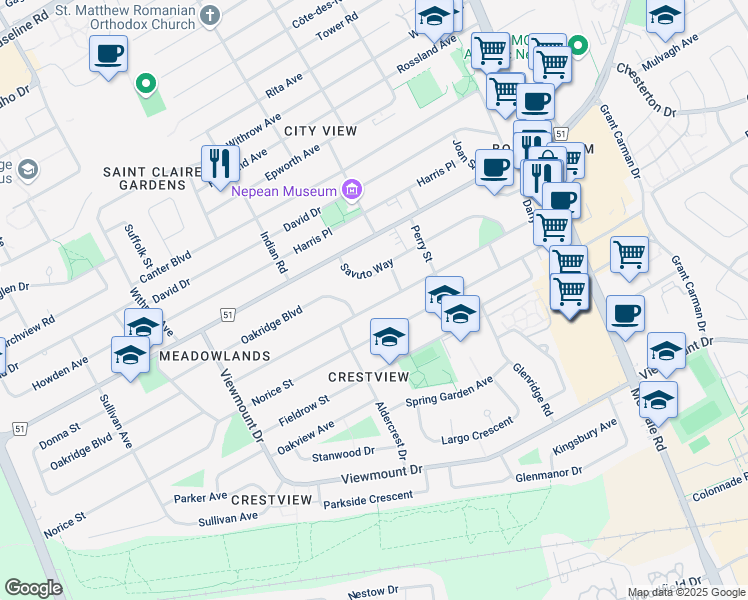 map of restaurants, bars, coffee shops, grocery stores, and more near 51 Palsen Street in Ottawa