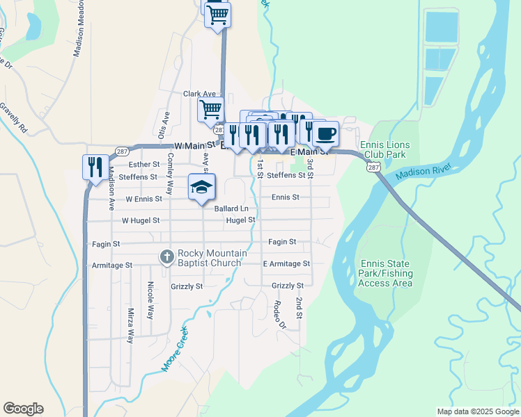 map of restaurants, bars, coffee shops, grocery stores, and more near 1st Street in Ennis