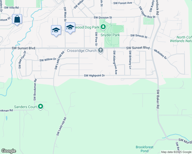 map of restaurants, bars, coffee shops, grocery stores, and more near 15480 Southwest Highpoint Drive in Sherwood