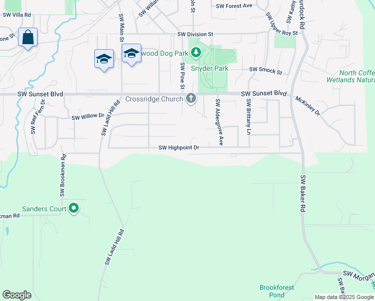 map of restaurants, bars, coffee shops, grocery stores, and more near 15480 Southwest Highpoint Drive in Sherwood