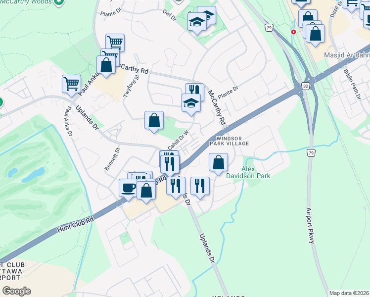 map of restaurants, bars, coffee shops, grocery stores, and more near 820 Cahill Drive West in Ottawa