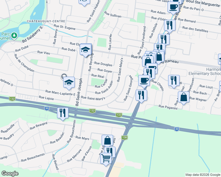 map of restaurants, bars, coffee shops, grocery stores, and more near 169 Rue Saint-Aubin in Châteauguay