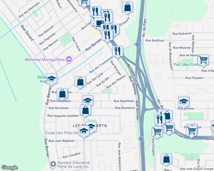 map of restaurants, bars, coffee shops, grocery stores, and more near 57 Rue des Plaines in Saint-Jean-sur-Richelieu