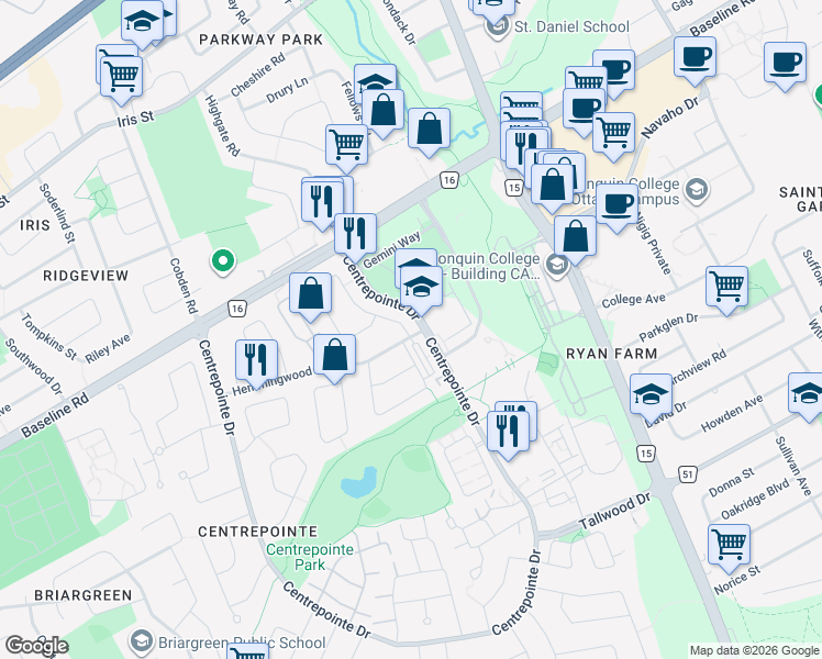 map of restaurants, bars, coffee shops, grocery stores, and more near 1 Thornbury Crescent in Ottawa