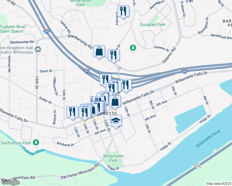map of restaurants, bars, coffee shops, grocery stores, and more near 2070 8th Avenue in West Linn