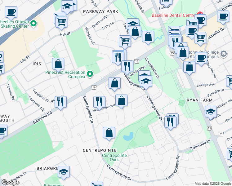 map of restaurants, bars, coffee shops, grocery stores, and more near 23 Draffin Court in Ottawa