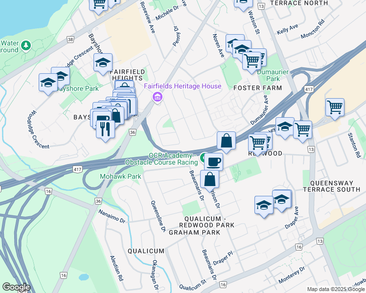 map of restaurants, bars, coffee shops, grocery stores, and more near 33 Bellfield Street in Ottawa