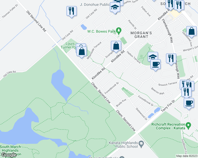 map of restaurants, bars, coffee shops, grocery stores, and more near 348 Abbeydale Circle in Ottawa