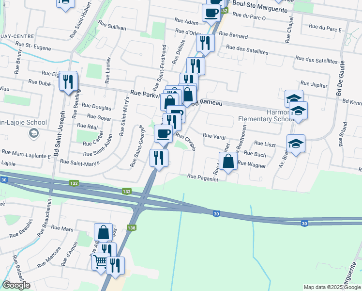 map of restaurants, bars, coffee shops, grocery stores, and more near 181 Rue Haendel in Châteauguay