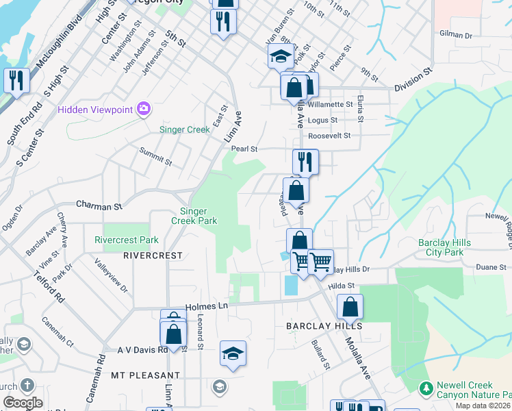 map of restaurants, bars, coffee shops, grocery stores, and more near 514 Dimick Street in Oregon City