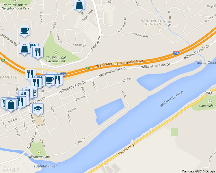 map of restaurants, bars, coffee shops, grocery stores, and more near 2602 5th Avenue in West Linn