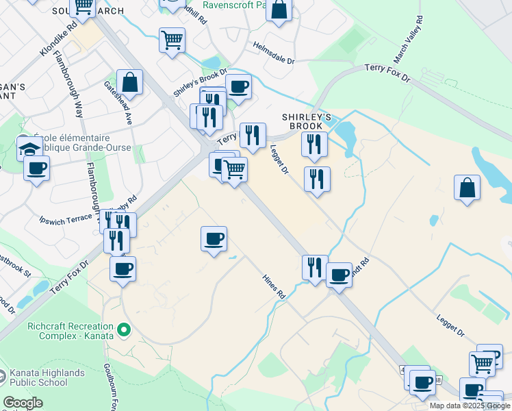 map of restaurants, bars, coffee shops, grocery stores, and more near 579 March Road in Ottawa