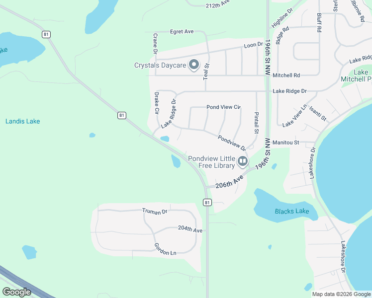 map of restaurants, bars, coffee shops, grocery stores, and more near 20687 County Road 81 in Big Lake