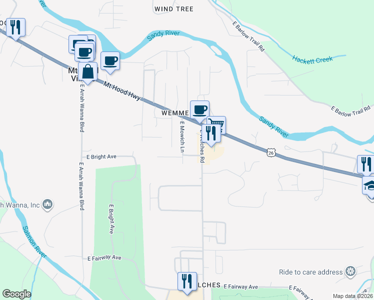 map of restaurants, bars, coffee shops, grocery stores, and more near 68055 East Stage Stop Road in Mount Hood Village