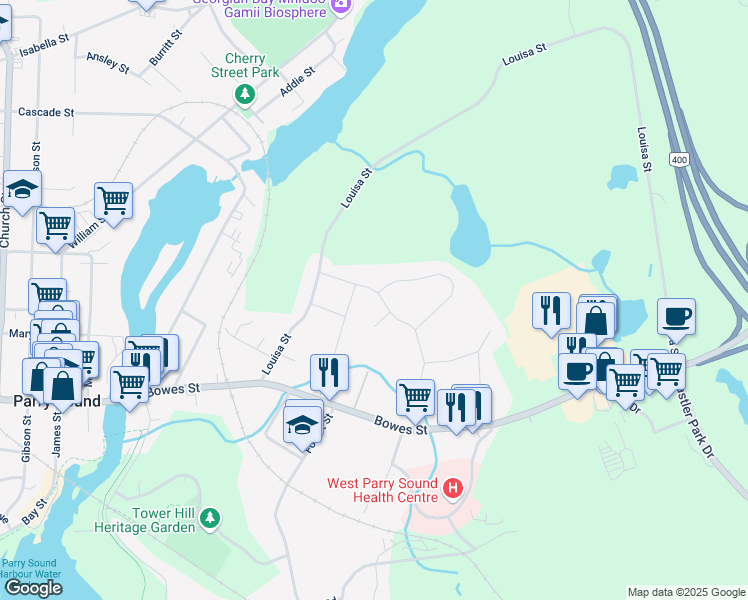 map of restaurants, bars, coffee shops, grocery stores, and more near 26 Edward Street in Parry Sound