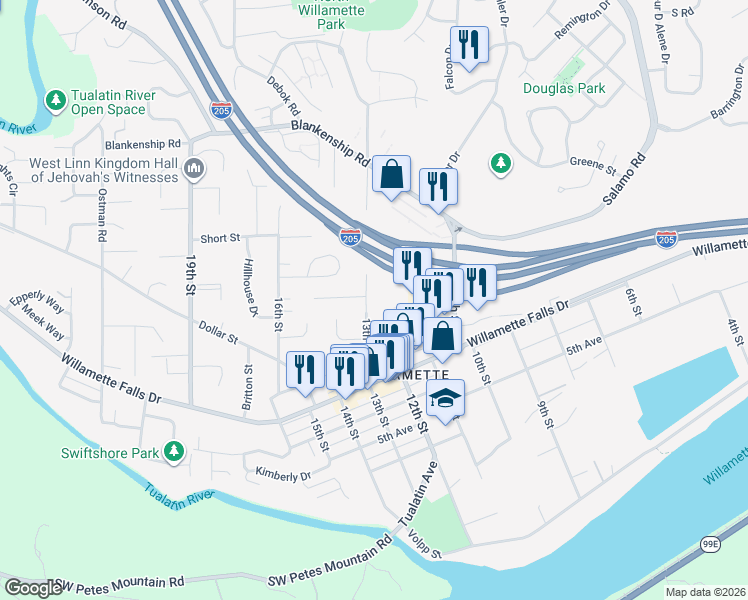 map of restaurants, bars, coffee shops, grocery stores, and more near 1943 13th Street in West Linn